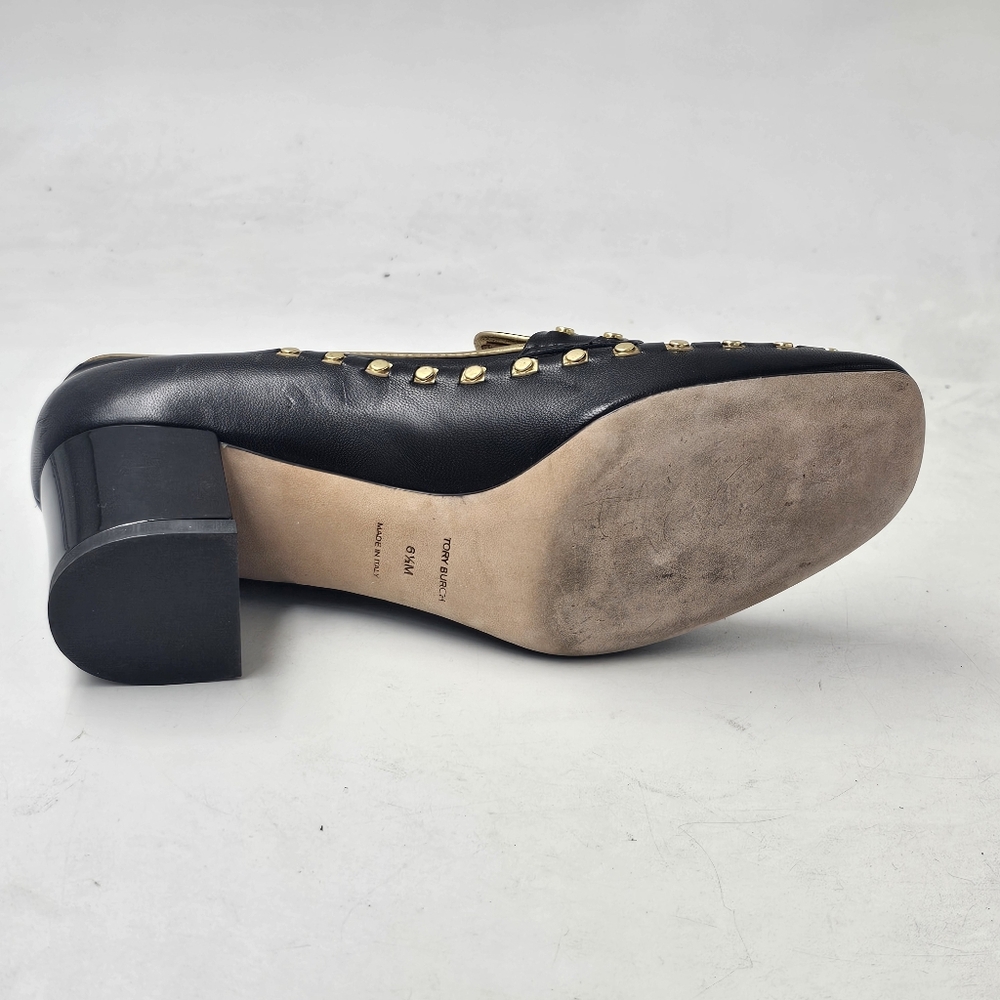 Tory Burch Studded Block Heel Loafer Pump Black Gold Leather Left Shoe 6.5 US - Picture 7 of 11